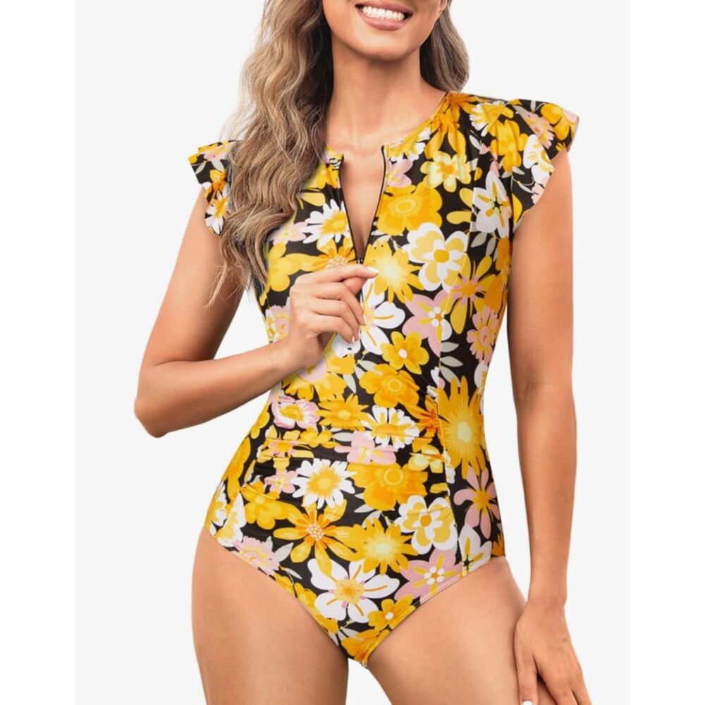 NWOT TEMPT ME Yellow Retro Floral Zipper One Piece Swimsuit Womens Large